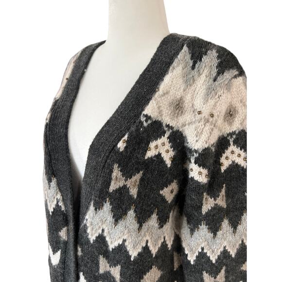 J.Jill Wool Blend Fair Isle Gray Button Cardigan Women's Size L Chevron w Beads - Picture 2 of 11